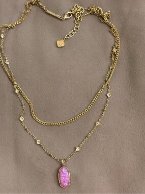 Rare Kendra Scott Gold-Tone Layered Necklace with Pink Opal Pendant